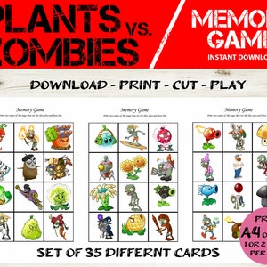 20 Card Plants Vs Zombies Bingo &amp; Memory Game Plants Vs Zombies Bingo 5x5 Printable Plants Vs ...