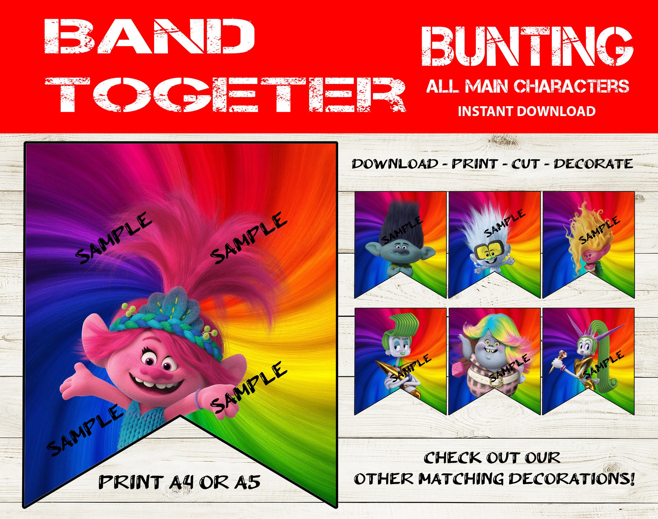 Trolls Band Together Inspired Party Bunting Printable Trolls Decor ...