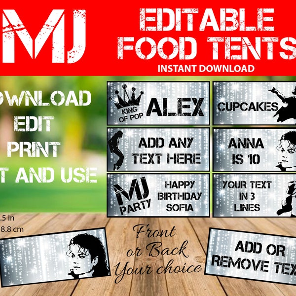 Editable Michael J Food Tents - Jackson Food Labels - MJ Party Place Cards - Michael-Jackson Inspired Printables - Jackson party decor