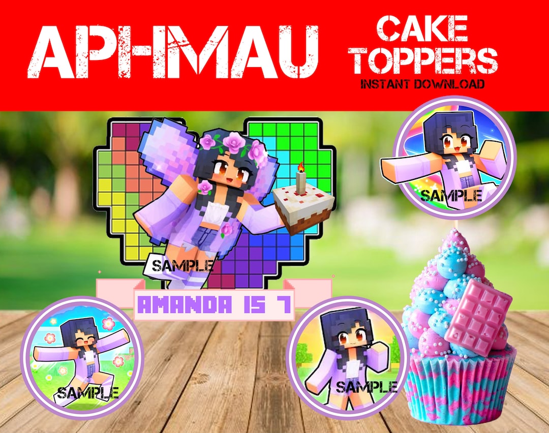 Editable Aphmau Cake and 3cupcake Toppers Mine Craft Party Decor Heart ...