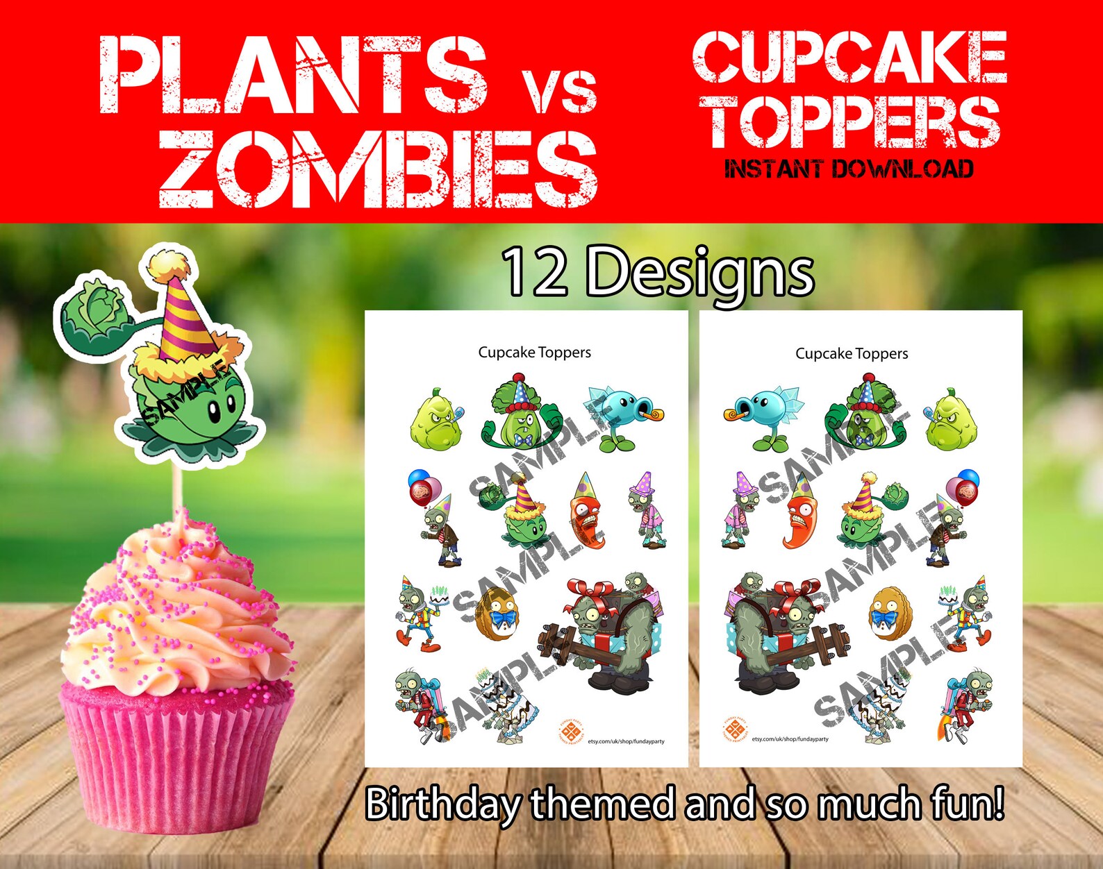 Plants Vs Zombies Cupcake Toppers Printable Zombie Party Etsy