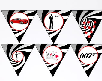 James Bond party Flag Banner Bunting, Hanging Decoration, James Bond 007 Garland, James Bond party decorations. Instant Download, Printable