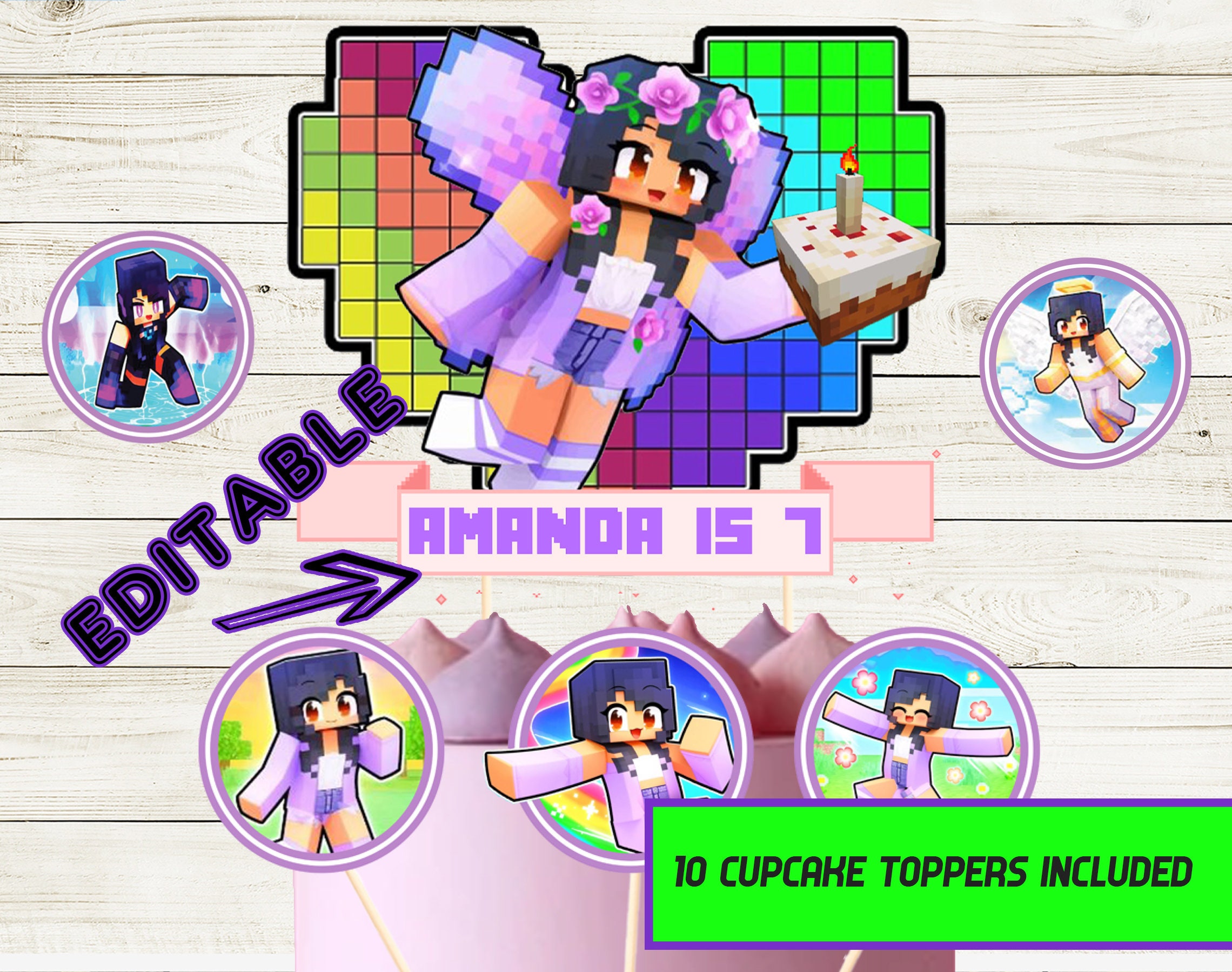 Editable Aphmau Cake and 3cupcake Toppers Mine Craft Party - Etsy UK