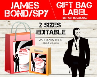 Editable James Bond Gift Bag Label - Spy Thank You Label - Printable 007 Bond Birthday Favor Bag Label - Secret Spy Party Thank You Tag