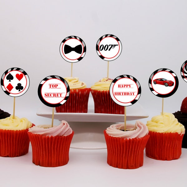 James Bond Inspired Cupcake Toppers - Spy party Cupcake Toppers - James Bond 007 Decor - Spy James Bond party decoration Printable 12 styles