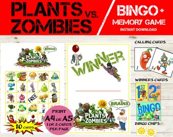 10 card Plants vs Zombies Bingo & Memory game - Plants vs Zombies Bingo 5x5 - Printable Plants vs Zombies games - Zombie Birthday Favors