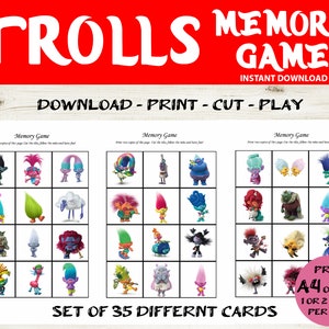 20 Card Trolls Bingo &amp; Memory Game Trolls World Tour Bingo 5x5 ...