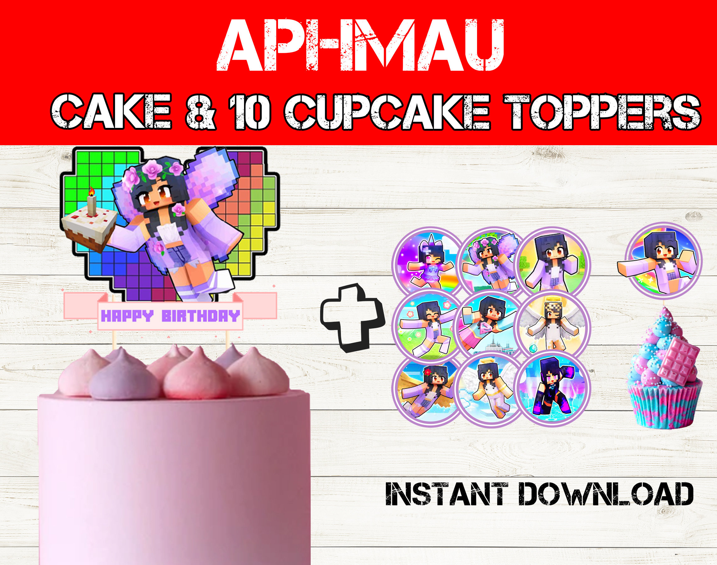 Editable Aphmau Cake and 10 Cupcake Toppers Mine Craft Party - Etsy