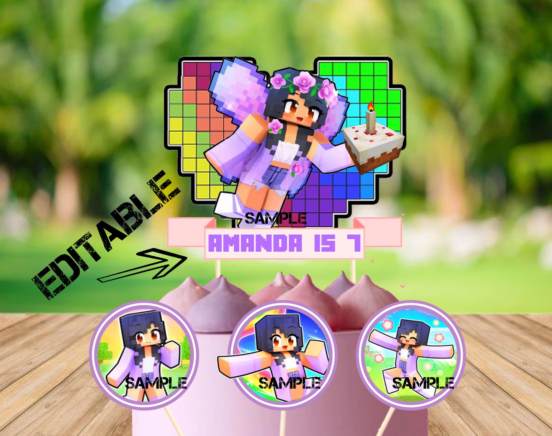 Editable Aphmau Cake and 3cupcake Toppers Mine Craft Party - Etsy UK