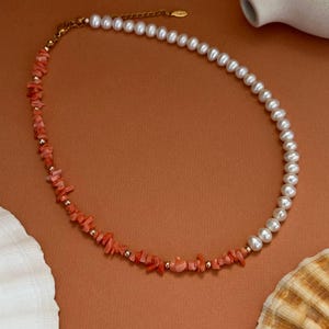 Handmade Split Asymmetrical Freshwater Pearl and Pink Coral Chip Necklace