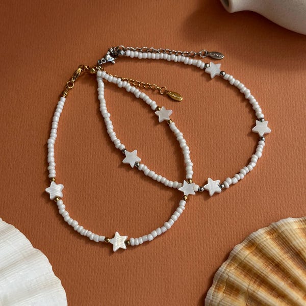 White Beaded Star Anklet, Mother of Pearl Shell Star Ankle Bracelet, Waterproof Stainless Steel Gold or Silver Foot Jewelry, Gift for Her