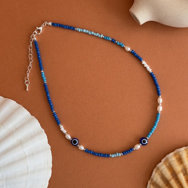 Evil Eye Necklace with Real Freshwater Pearls - Blue Seed Bead Choker - Handmade Boho Summer Jewelry - Nazar Protection Charm - Gift for Her