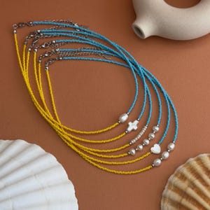 Turquoise and Yellow Beaded Choker with Genuine Freshwater Pearl, Split Color Seed Bead Necklace, 38cm Stainless Steel Boho Jewelry