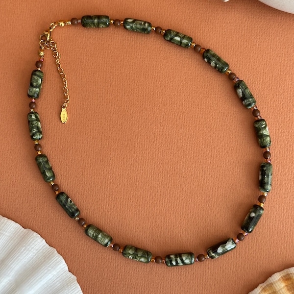 Soléa Jewelry - Forest Green Marble Bead Necklace, Minimalist Earthy Choker, Dainty Gold & Green Beaded Jewelry, Waterproof Stainless Steel