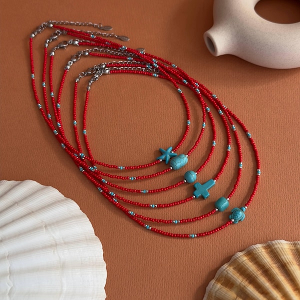Handmade Beaded Necklace Choker Red Turquoise Stainless Steel Boho Chic Style Gift For Her Focal Charms Variations Beach Choker Minimalist