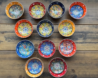 Set of 4-6 Medium 5 in Hand Painted Turkish Ceramic Bowls Colorful Designs.Soup Fruits Dips Salsa Breakfast Snacks Serving Bowls.Food Safe
