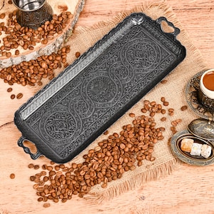 Elegant Rectangle Tray Copper-Green & Black Serving Tray With Handles - Turkish, Greek, Arabic, Persian, Ottoman Decor 5.5&quot; W 13&quot; L