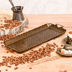 Turkish Greek Arabic Persian Ottoman Rectangle Fancy Decorative Serving Coffee Tea Tray Copper-Green Antique-Black Small Serving Tray