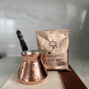 Handcrafted Copper Cezve-9oz Turkish Coffee Pot with 100g Coffee Bag.Traditional Hand Hammered Stove Top Copper Turkish Greek Arabic Coffee.