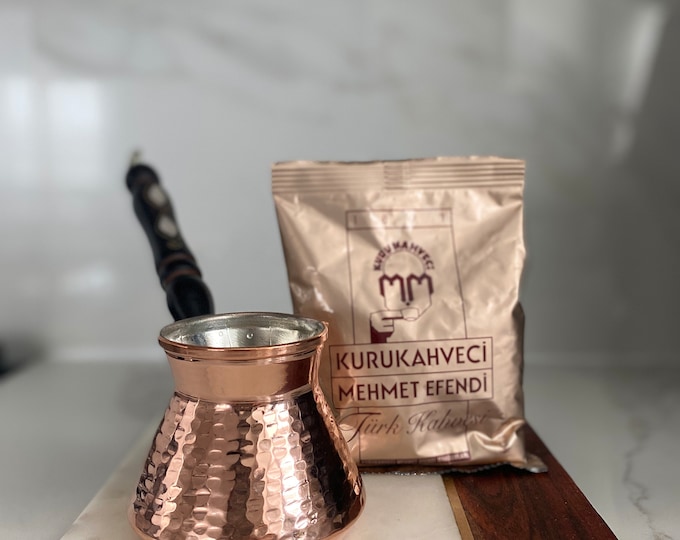 Copper Coffee Pot + Turkish Coffee bag 100g. Traditional Hand Hammered Stove Top Copper Turkish Greek Arabic Coffee.Small Cezve size 9oz.