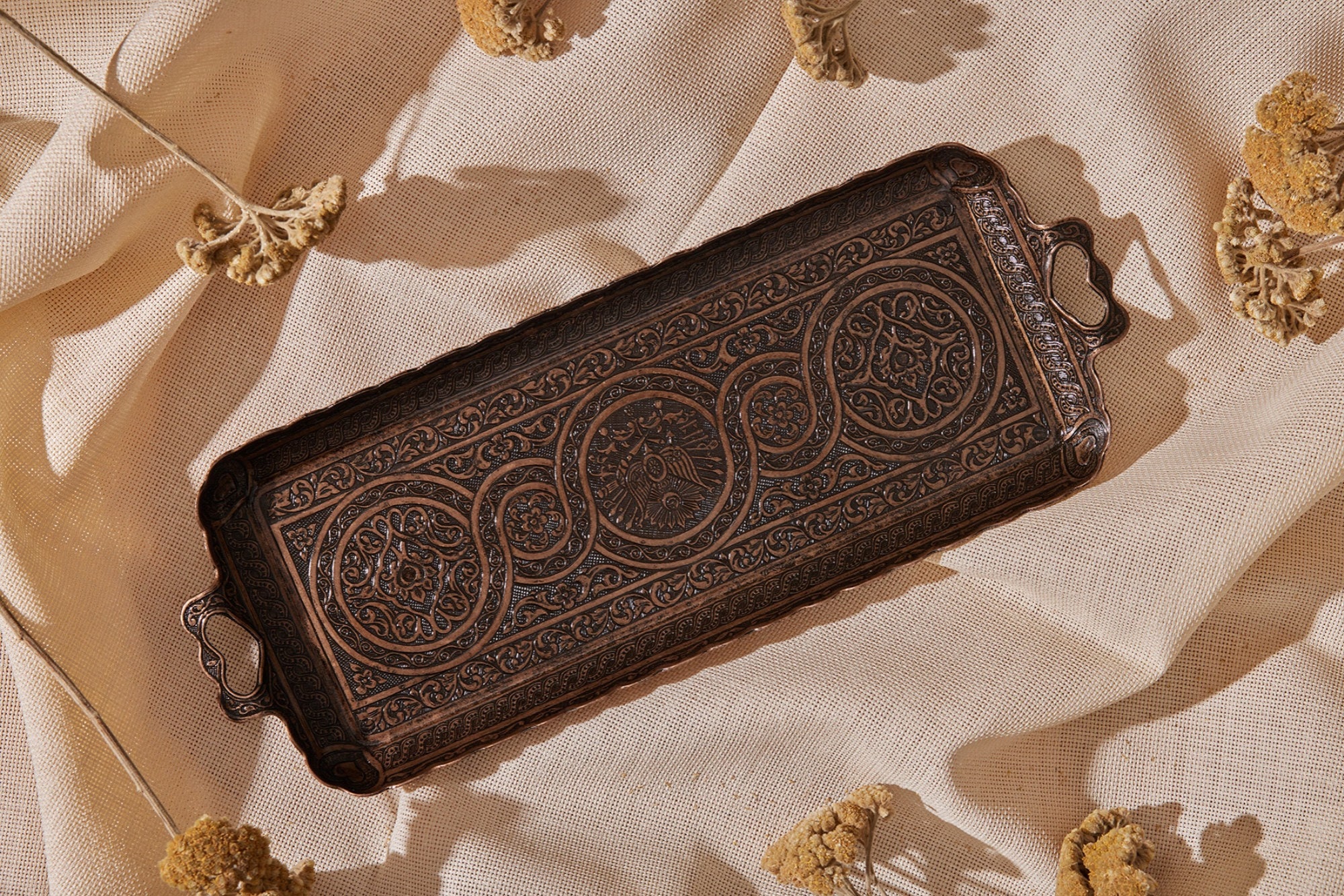 Dark Copper-Colored Metal Boot Tray with Embossed Tree of Life