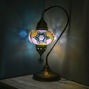 Handcrafted Turkish Tiffany-Style Table Lamp with Colorful Mosaic Lampshade and Hammered Metal Body-19"Tall Swan Neck Bedside or Desk Lamp.