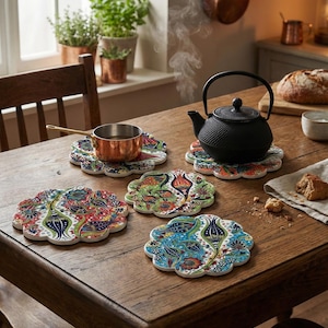 Turkish Handmade Decorative Trivet Pot Holder,Kitchen Counter top Hot Pad,7" /18cm Ceramic Trivet Scratch Proof Heat Resistant Housewarming.