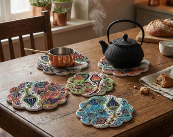 Turkish Handmade Decorative Trivet Pot Holder,Kitchen Counter top Hot Pad,7" /18cm Ceramic Trivet Scratch Proof Heat Resistant Housewarming.