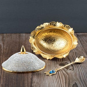 Crystal Coated Handmade Brass Sugar, Chocolate, Candy,Dates Bowl Serving Decoration Dish with Lid & Spoon.
