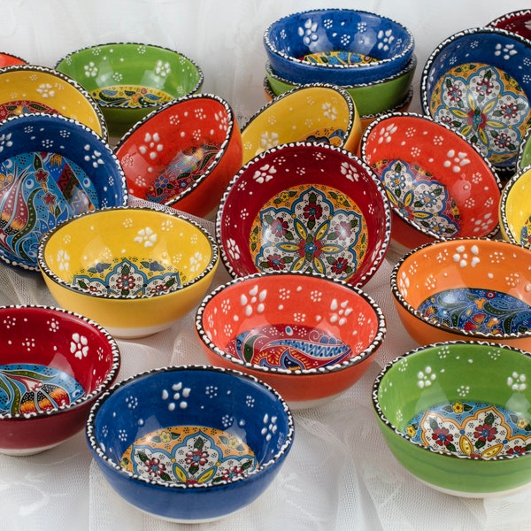 Set of 5,4,2pcs Hand Painted Turkish Greek Arabic Ceramic Snack Bowl Sauce Dipping-Small Serving Bowls -Gift Set-House Warming- 3.35''/2.5oz