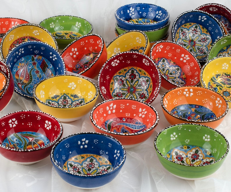 Image of Set of Hand Painted Turkish/Greek/Arabic Ceramic Sauce-Dipping Bowls