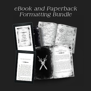 Puede incluir: Una maqueta de un paquete de formato de libro electrónico y libro de bolsillo. La imagen muestra tres libros abiertos con diferentes diseños y diseños. El primer libro tiene un mapa en blanco y negro, el segundo libro tiene un título de capítulo y texto, y el tercer libro tiene un gráfico de espada y texto. El texto en la portada del primer libro dice "Of Iron and Glint". El texto en la portada del segundo libro dice "The Beginning".