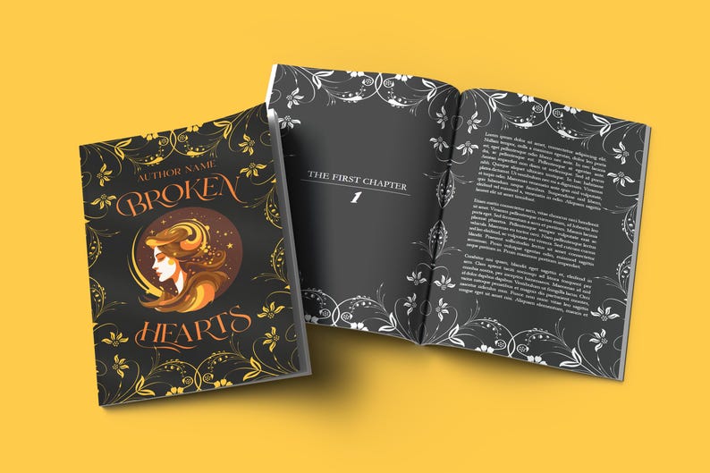 May include: A black book with a gold and white floral design on the cover. The title of the book is "BROKEN HEARTS" and the first chapter is titled "The First Chapter".