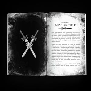 May include: A black and white image of an open book with a chapter title "CHAPTER TITLE" and a sword illustration. The left page features two crossed swords with intricate details.