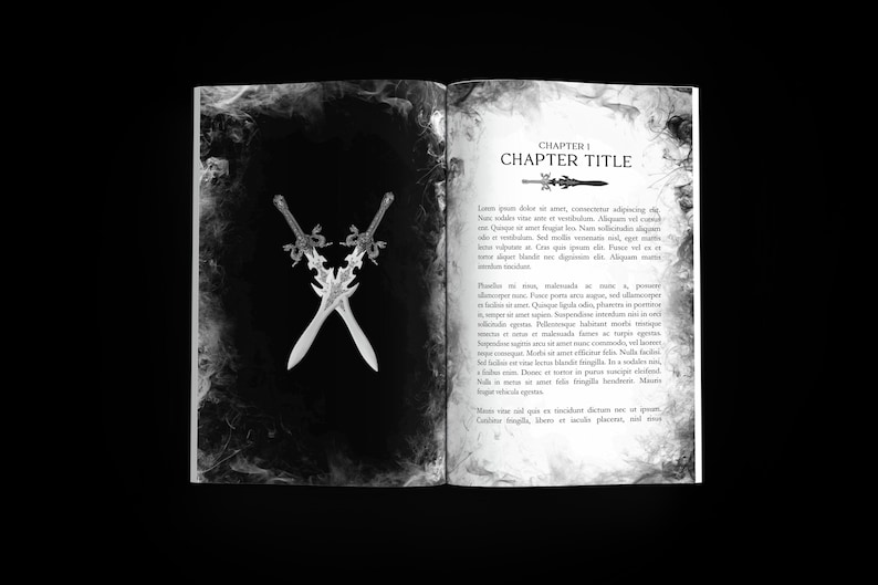 May include: A black and white image of an open book with a chapter title "CHAPTER TITLE" and a sword illustration. The left page features two crossed swords with intricate details.