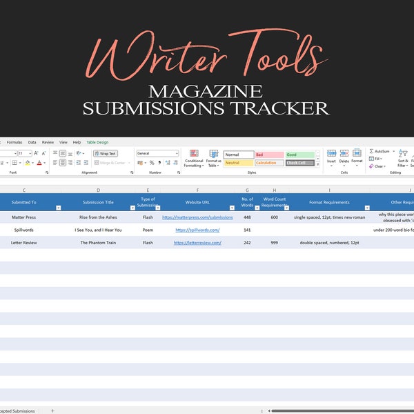 Excel Writing Submission Tracker | Magazine Publication Tracking, Author Writing Tools, Excel Template | Digital Download