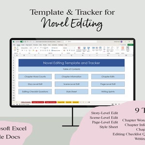 May include: A digital novel editing template and tracker displayed on a computer screen. The template includes sections for chapter information, word counts, and editing checklists. The image also lists 9 tabs and mentions Microsoft Excel and Google Docs.