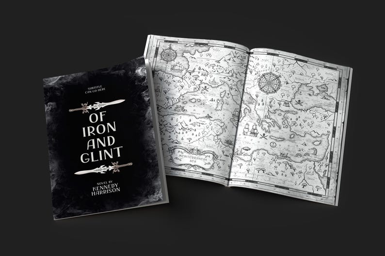 May include: A black and white book with the title "Of Iron and Glint" and the author "Kennedy Harrison". The book is open to a page with a detailed black and white map.
