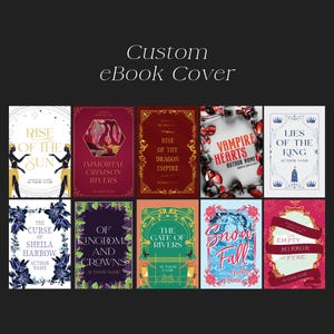 Puede incluir: Una colección de diez portadas de libros electrónicos con diversos temas de fantasía y romance. Las portadas presentan diferentes colores, ilustraciones y tipografía. Los títulos incluyen "Rise of the Sun", "Immortal Crimson Rivers", "Rise of the Dragon Empire", "Vampire Hearts", "Lies of the King", "The Curse Sheila Harrow", "Of Kingdoms and Crowns", "The Gate of Rivers", "Snow Fall", y "The Empty Mirror of Fyres".