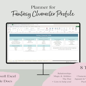 Könnte beinhalten: Ein Computerbildschirm zeigt eine Microsoft Excel-Tabelle mit einem Inhaltsverzeichnis für ein Fantasy-Charakterprofil. Die Tabelle enthält Registerkarten für "Die Grundlagen", "Charakterentwicklung", "Kleidung & Waffen", "Psychologie", "Beziehungen", "Magie & Fähigkeiten" und "Die Vergangenheit".