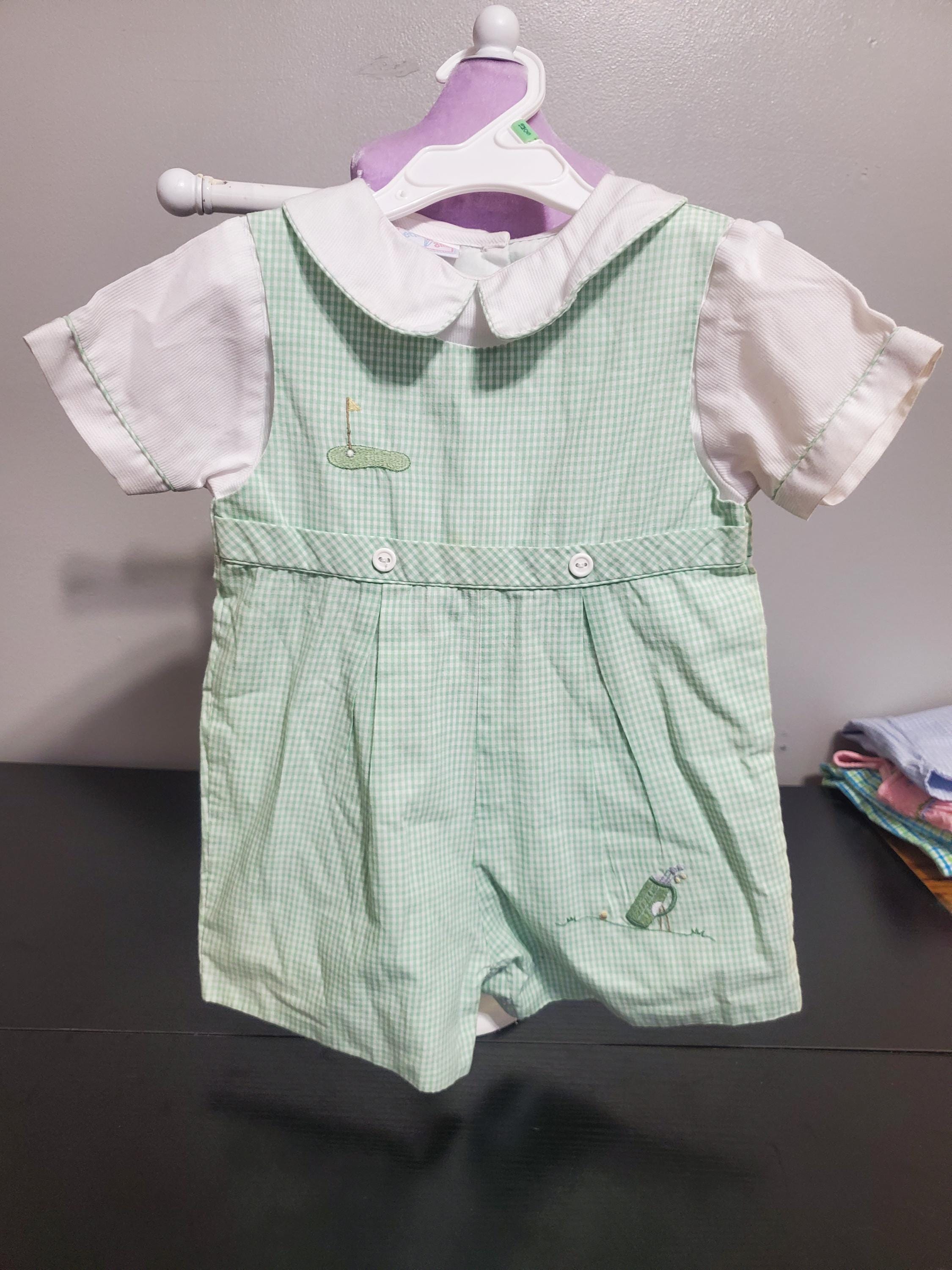Baby Boy Golf Romper Shortalls green gingham 18m boutique Petit Ami