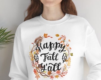 Happy Fall y'all Unisex Heavy Blend Crewneck Sweatshirt, Cute Holiday sweater, Fun whimsical Seasonal Top