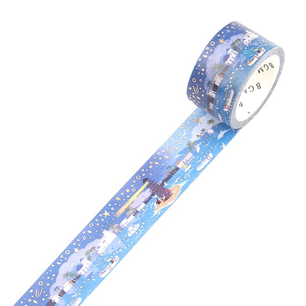 Lighthouse Harbour Washi Tape - Beautiful Blue BGM Washi Tape - Journaling, Planning Washi Tape - Decorative Tape - Wide 20 mm Washi Tape