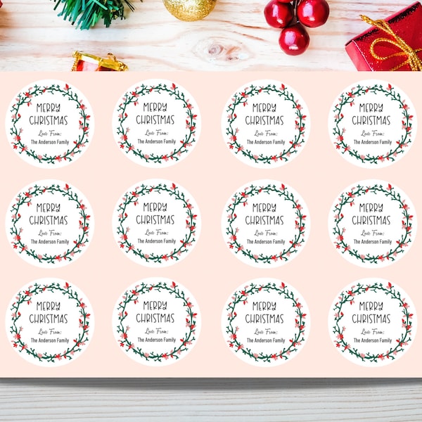 CH2 Personalised Christmas Gift Label Stickers 5cm || Christmas Wreath Stickers, Merry Christmas Stickers, Envelope Seals - Present Tags