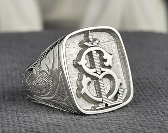 Anello con sigillo monogramma in oro / Gioielli con stemma iniziale personalizzati / Anello con iniziale di famiglia inciso a mano / Regalo unico per lui