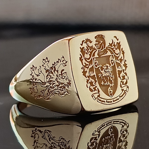Anillo con escudo familiar, oro de 10 quilates, oro de 14 quilates, oro de 18 quilates, anillo con escudo familiar, anillo de oro personalizado y sello.