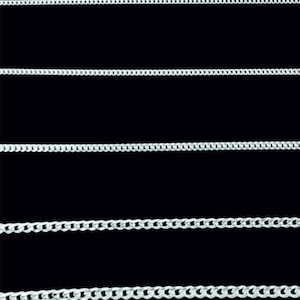May include: Close-up of several silver curb chains against a black background. The chains are displayed horizontally, showcasing their linked design and metallic sheen. The image highlights the texture and detail of the jewelry.