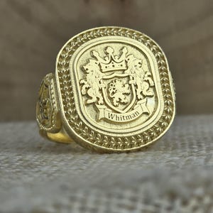 Anillo con sello personalizado, anillo con sello con escudo familiar, joyería personalizada, anillo con sello con escudo de armas de oro macizo, regalo de Navidad, anillos con escudo familiar