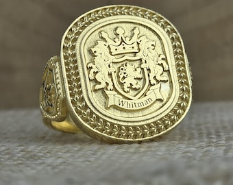 Custom Signet Ring, Family Crest Signet Ring, Personalized Jewelry, Solid Gold Coat of Arms Signet Ring, Christmas Gift, Family Crest Rings