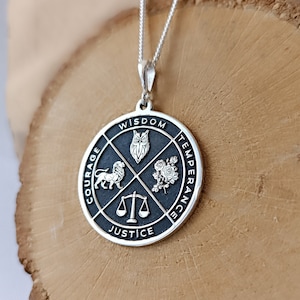 Wisdom, Justice, Temperance, Moderation, Virtues Necklace, Virtues Silver Necklace, Special Design,Stoic Gift, Wisdom Necklace, Temperance